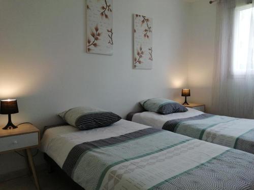 two beds in a room with two lamps on tables at Maison indépendante in Lailly-en-Val