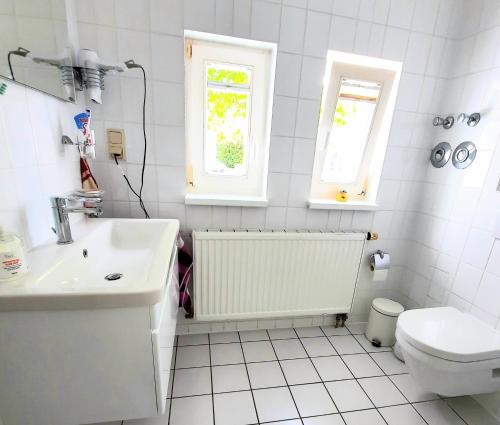 a white bathroom with a sink and a toilet at Sonne in Neddesitz