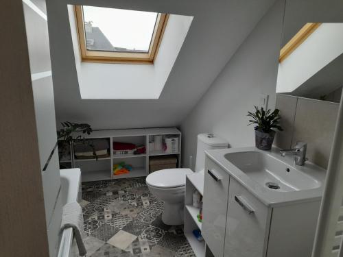 een badkamer met een wit toilet en een wastafel bij Chez Marie et Hugo in Crépy-en-Valois