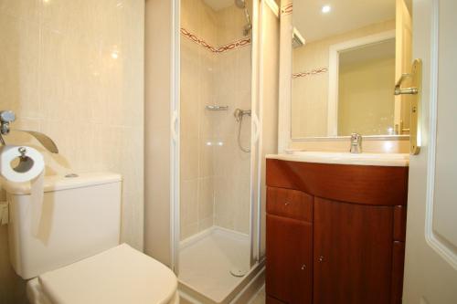 La salle de bains est pourvue de toilettes, d'une douche et d'un lavabo. dans l'établissement Apartamento Bellavista 114, à Miami Platja