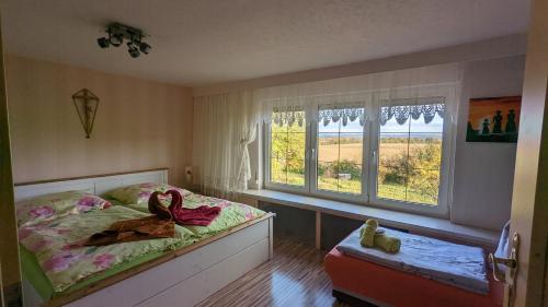 sypialnia z łóżkiem i dwoma oknami oraz łóżko sidx sidx sidx w obiekcie Landhaus "Kühler Morgen", Komfortable 65 qm FeWo mit gehobener Ausstattung, Garten, baby- und kindgerecht w mieście Saalburg-Ebersdorf