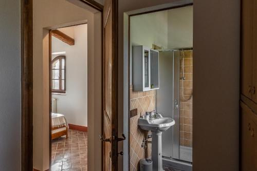 a bathroom with a sink and a toilet and a mirror at Podere Fossaccio Casa Olivo in Asciano