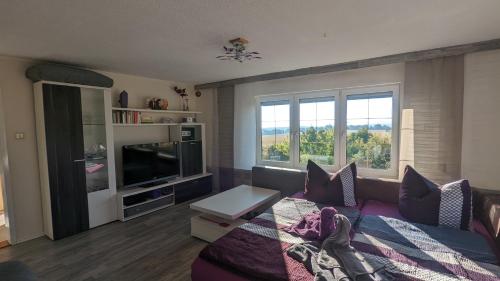 a living room with a couch and a tv at Landhaus "Kühler Morgen", Komfortable 65 qm FeWo mit gehobener Ausstattung, Garten, baby- und kindgerecht in Saalburg-Ebersdorf