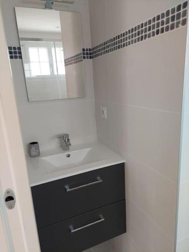 a bathroom with a sink and a mirror at Un Brin de folie dans le centre de Honfleur in Honfleur