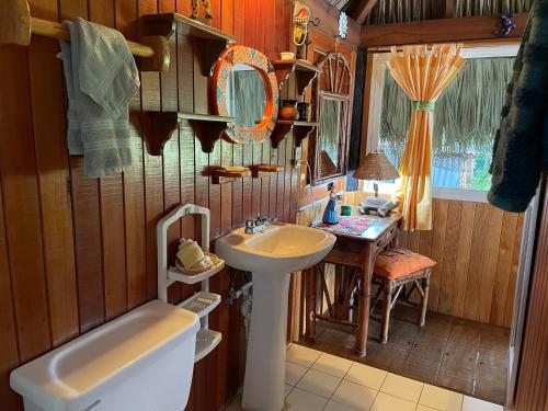 a bathroom with a sink and a toilet and a mirror at Bungalows Tree Tops - Adults Only in Zihuatanejo