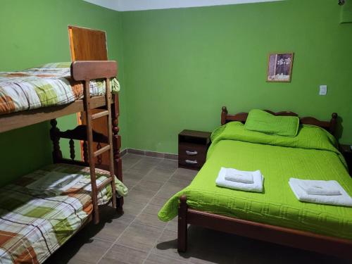 1 dormitorio con 2 literas y paredes verdes en Alto Independencia en Humahuaca