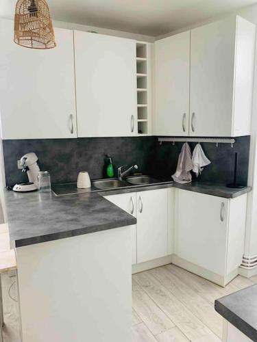a kitchen with white cabinets and a sink at Superbe appt meublé hyper centre de Gan in Gan
