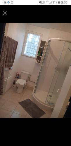 une salle de bain avec douche et toilettes et une fenêtre dans l'établissement Maison 500m plage, à La Tranche-sur-Mer