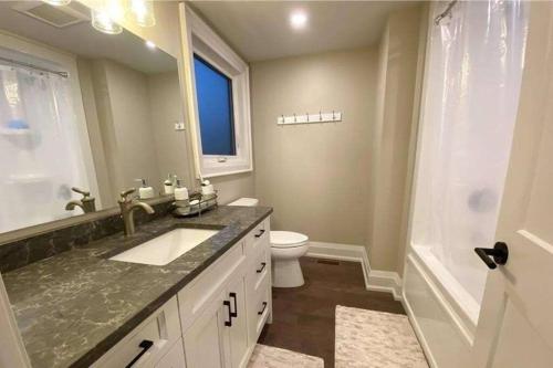uma casa de banho com um lavatório, um WC e uma janela. em Chemong Lake Waterfront Cottage☆privateboatlaunch em Lakefield