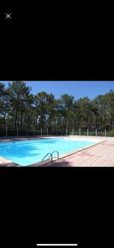 une grande piscine bleue avec des arbres en arrière-plan dans l'établissement Maisonnette Les Palombes, à Lacanau