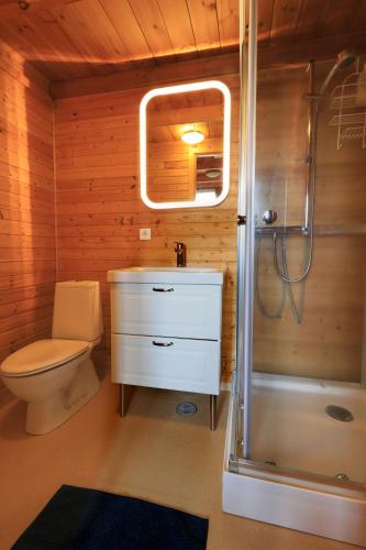 a bathroom with a toilet and a sink and a shower at Cozy Cottage by Stay in Iceland in Hvolsvöllur