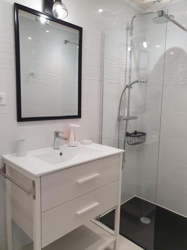 een witte badkamer met een wastafel en een douche bij La P'tite Maison in Carlux
