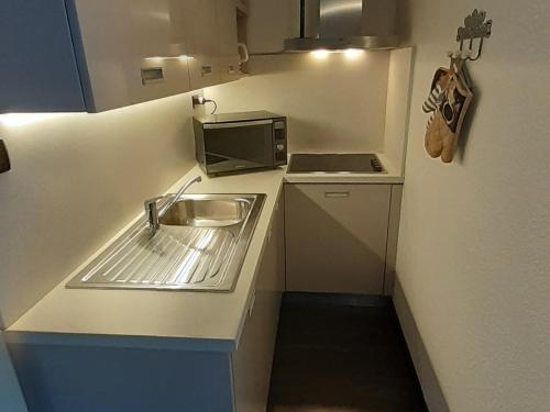 ヴァルフレジュスにあるAppartement Valfréjus, 2 pièces, 6 personnes - FR-1-265-190の小さなキッチン(シンク、電子レンジ付)