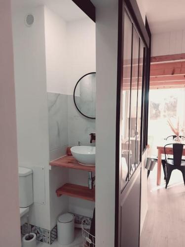 une salle de bain avec un lavabo et un miroir dans l'établissement Appartement avec piscine proche plages, au Cap d'Agde