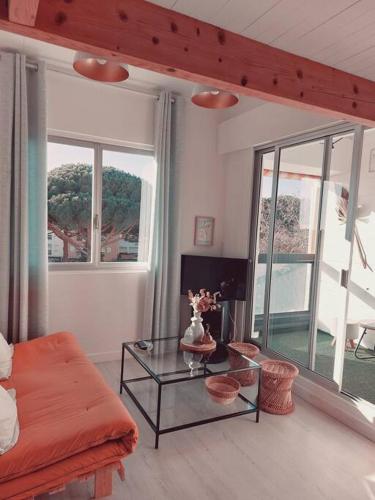 un salon avec un canapé et une table en verre dans l'établissement Appartement avec piscine proche plages, au Cap d'Agde