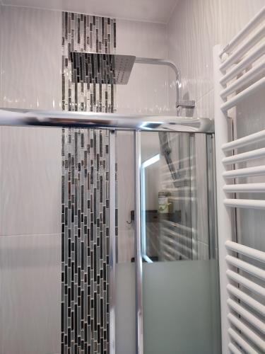 eine Dusche mit Glastür im Bad in der Unterkunft La vie en blanc et noir Maisons-Laffitte in Maisons-Laffitte