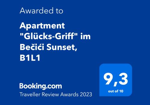 Sertifikatas, apdovanojimas, ženklas ar kitas apgyvendinimo įstaigoje Apartment "Glücks-Griff" im Bečići Sunset matomas dokumentas