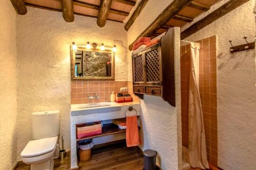 a small bathroom with a sink and a toilet at Catalunya Casas Stunning Costa Brava mountain retreat and 30kms away from the beach in Sant Feliu de Buixalleu