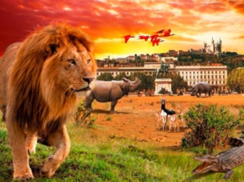 a painting of a lion and animals in a field at Spa-Sauna-Ciel de pluie tropicale-Champagne Nuit Romantique - Escapade Mâconnaise in Mâcon