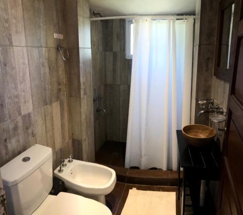 a bathroom with a toilet and a shower and a sink at Rio Manso Tigre in Tigre