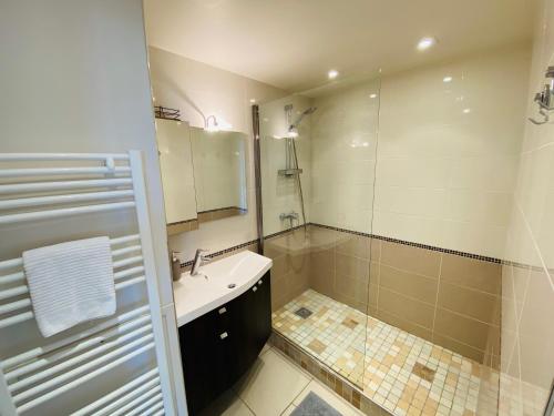 une salle de bain avec un lavabo et une douche dans l'établissement Le Balbec vue sur mer, à Cabourg