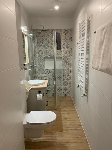 a bathroom with a toilet and a sink and a shower at APARTAMENTY GUZIK 22 in Krosno