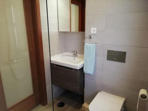 La salle de bains est pourvue d'un lavabo, de toilettes et d'une douche. dans l'établissement Beach House, à Póvoa de Varzim