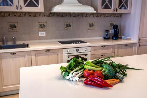 eine Küche mit einem Haufen Gemüse auf der Theke in der Unterkunft Lustica Apartments Marina in Tivat