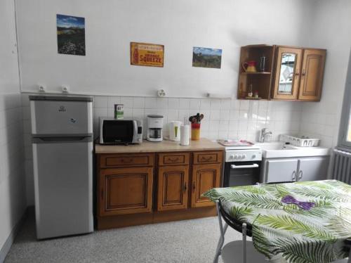 a kitchen with wooden cabinets and a white appliances at Iris, Gîte Saint Antoine, Orcival, entre Sancy et Volcans d'Auvergne in Orcival