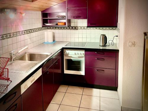 a kitchen with purple cabinets and a sink at Haus Antares in Saas-Almagell