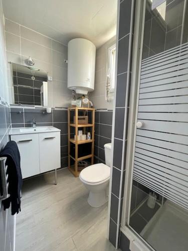 une salle de bain avec toilettes et lavabo dans l'établissement L'Effet Mer, à Équihen-Plage