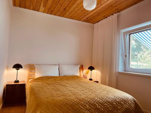 een slaapkamer met een groot bed en een raam bij Dom Blisko Natury Brenno in Brenno
