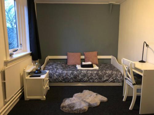 1 dormitorio con 1 cama, escritorio y ventana en De Lariks, en Enschede