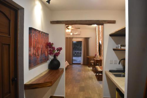 a hallway leading to a kitchen with a vase on the wall at Villas Vallazoo in Valladolid