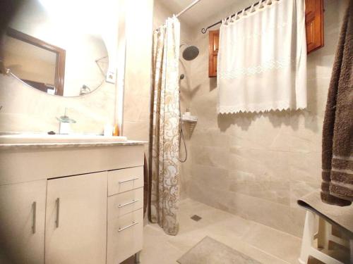 y baño con lavabo y ducha. en Encantadora casa de pueblo en Sagunto