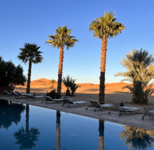 a group of palm trees next to a swimming pool at Kanz Erremal in Merzouga