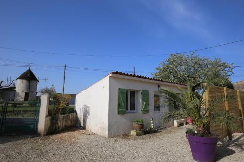 a small white house with green shutters and a tree at Le domaine nature in Saint-Germain-de-Lusignan