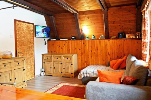 a living room with a couch and a tv at Hiša Pr Valter in Jesenice