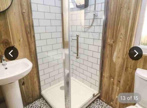 a bathroom with a shower and a sink at Hunting Gate Lodge in Redruth