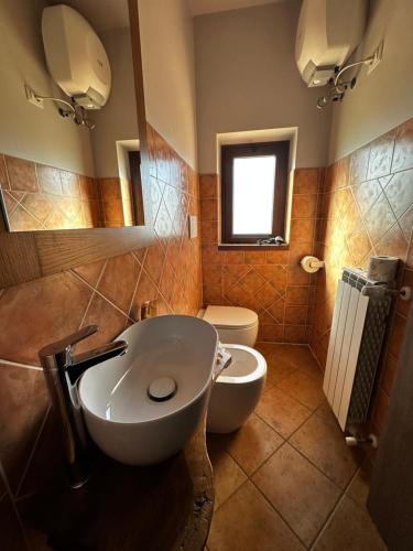 ein Badezimmer mit einem Waschbecken, einem WC und einem Spiegel in der Unterkunft agriturismo villa amerina in Corchiano