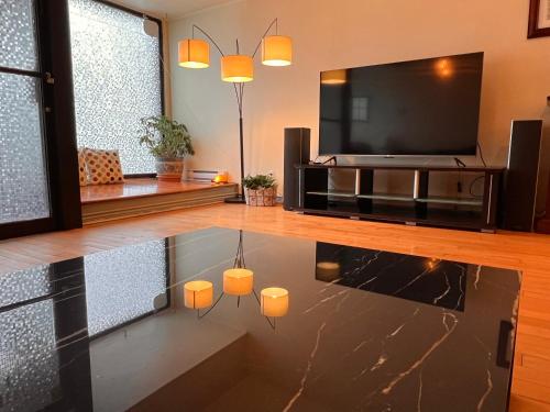 a living room with a tv and a pool of water at ReUnion in Montréal