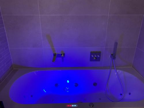 a purple bath tub with a hose in a bathroom at Coeur Sablon in Brussels