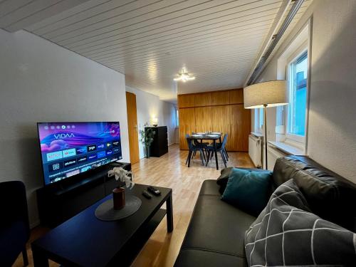 a living room with a couch and a flat screen tv at OhPardon! GAILDORF - DG Wohnung, Garten, Smart-TV in Gaildorf