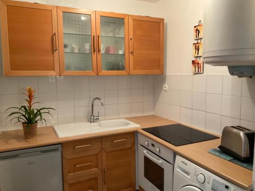 une cuisine avec des armoires en bois et un évier dans l'établissement Studio climatisé avec parking privé proche Port le Brusc et Plages, à Six-Fours-les-Plages