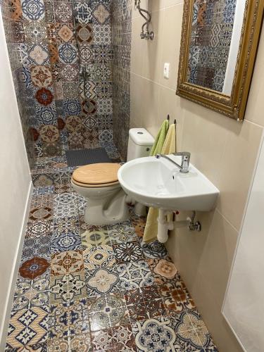 a bathroom with a toilet and a sink at Apartmány Modrý Dom in Podhájska