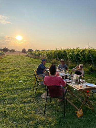 a group of people sitting at a table in a field at Coasters Hideaway boutique Glamping in Brunnby