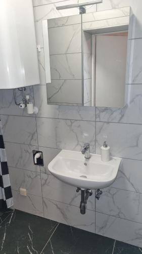 a bathroom with a white sink and a mirror at Casa Rustica in Graz