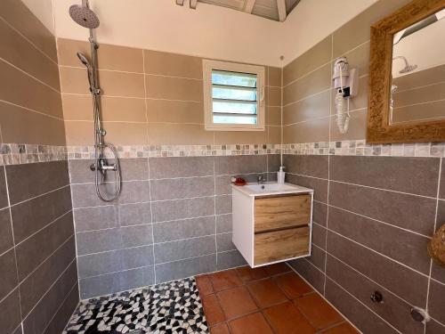 La salle de bains est pourvue d'une douche et d'un lavabo. dans l'établissement Villa de 3 chambres avec piscine privee jardin clos et wifi a Le Vauclin a 6 km de la plage, au Vauclin