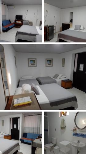 three pictures of a bedroom with two beds and a table at Casa De Polita in San Andrés