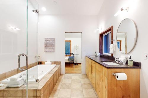 uma casa de banho com uma banheira, um lavatório e um espelho. em Cole Point Castaway em Johnson Landing